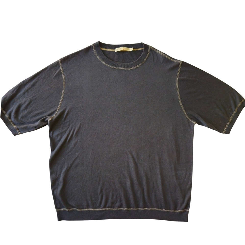RAFFI Silk Cotton Cashmere Short Sleeve Knit Sweater XL Contrast Stitch